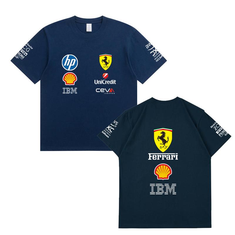 Camiseta Oversized de Casal Ferrari F1 Racing Estampa Clássica de Logo de Patrocinador Manga Curta Casual de Motorsport Streetwear