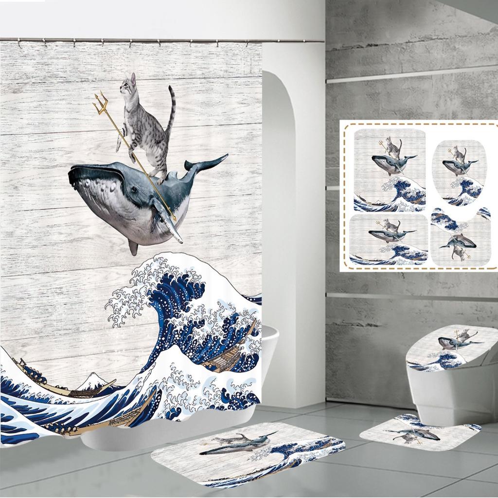Shower Curtain Four-Piece 3D Digital Printing Shower Curtain Underwater Animal Bathroom Partition Shower Curtain