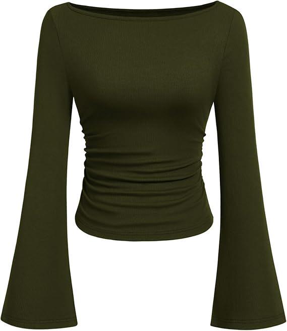 

2026 Autumn Slim Fit Women s Boat Neck Bell Sleeve Ruched Top - Solid Color, Long Sleeve S