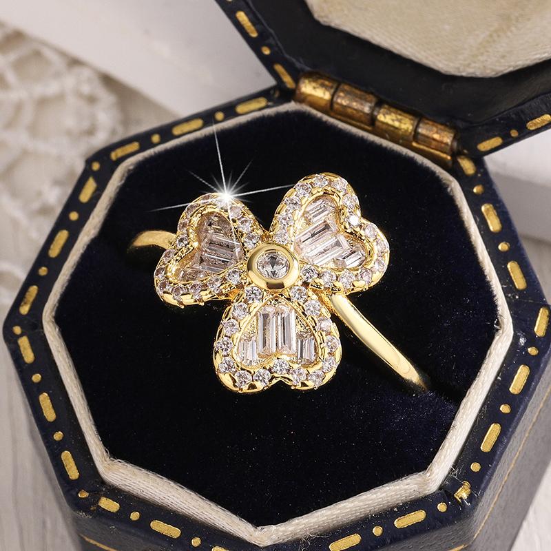 Classic Four-Leaf Clover full diamond Stackable Band 18K Gold Lucky Clover Ring for Women Symbol Jewerly Party Gift