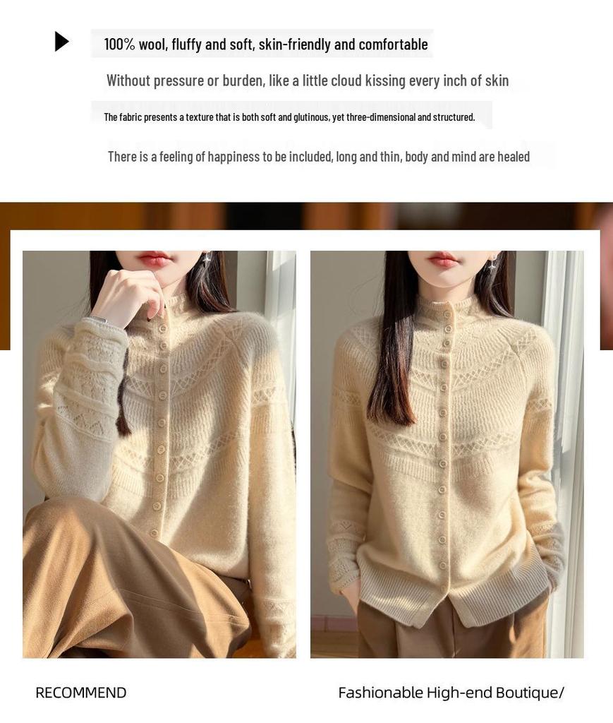 Women's Autumn/Winter 2026 Cashmere Thick Knit Cardigan Sweater with Half-High Neck