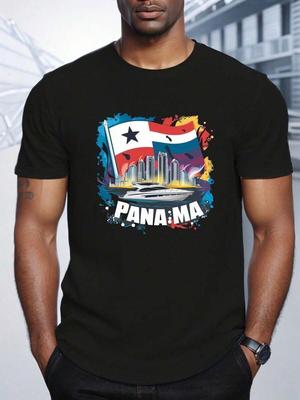 Unisex-T-Shirt mit Panama-Flagge und Stadtbild – Kurzarmshirt mit lebendigem geometrischem Print