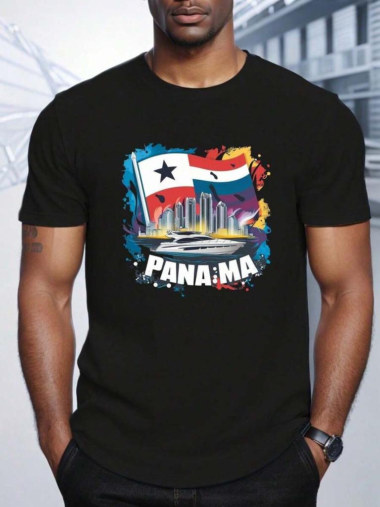 T-shirt Unisex con Bandiera di Panama e Paesaggio Urbano Grafico - T-shirt a Maniche Corte con Stampa Geometrica Vivace
