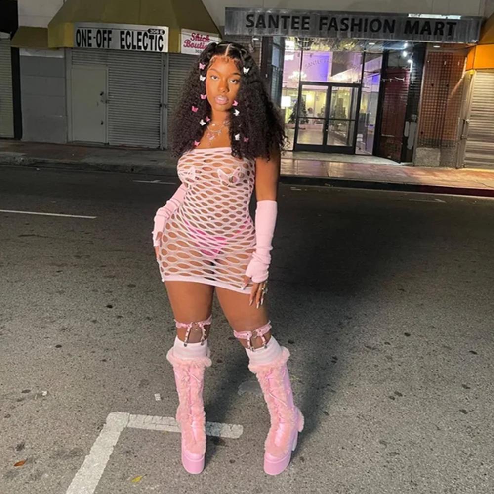 White Women Lingerie Fishnet Mini Dress Mesh Fishnet Bodysuit Lingerie See Through Babydoll Chemise Sleepwear Summer Dress