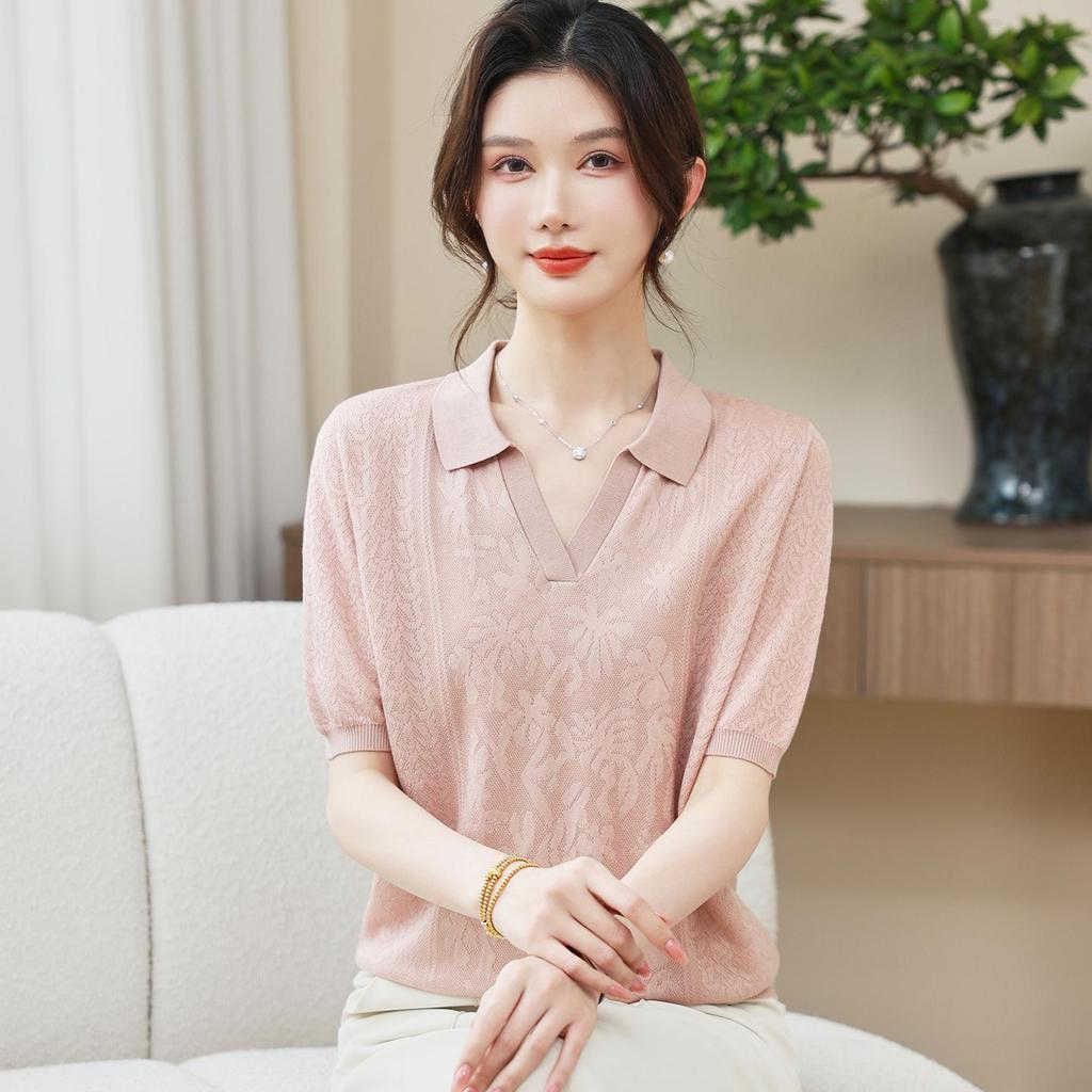 Young Mother’s Summer Ice Silk Jacquard Knit Top - 2026 New Short-Sleeved T-Shirt for Mother’s Day