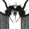 Dark Series Skull Antelope Horn Hairband With Skull Flower Design For Halloween Costume Party Dressingup Accessories