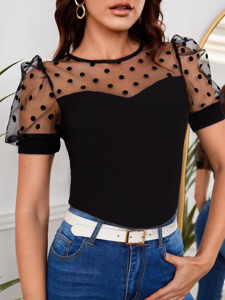 2026 Spring/Summer Women's Mesh Polka Dot Patchwork Round Neck Slim Fit Short Sleeve T-Shirt