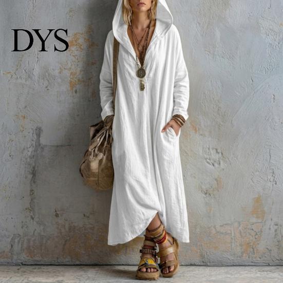 Damen Taschenkleider Langarm Kapuzenkleid, Lässiges Lockeres Boho Maxikleid in Unifarben für den frühen Herbst, V-Ausschnitt mit Taschen V-Ausschnitt
