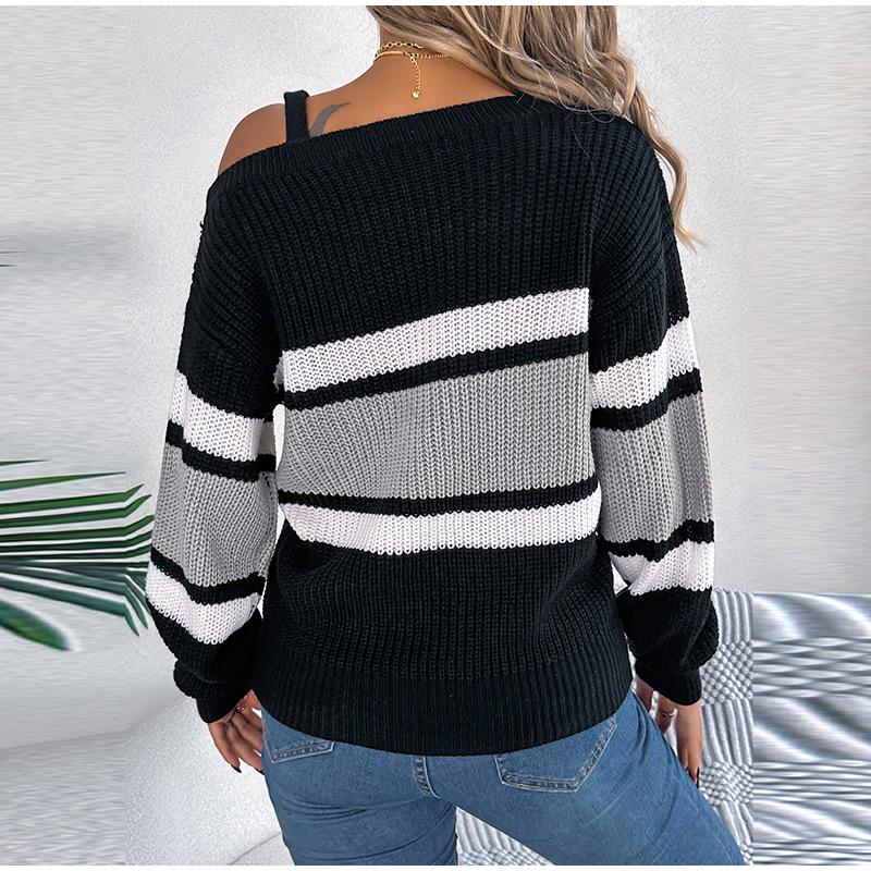 Сексуальный полосатый трикотажный пуловер с вырезом-лодочкой — фото 16