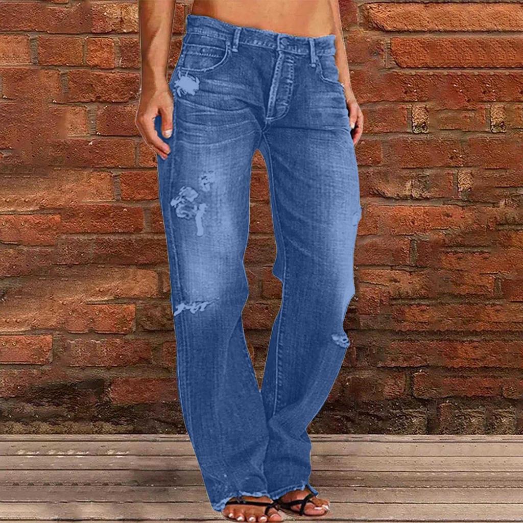 Women's High Waist Straight Loose Lace Stretch Lightweight Fashion Jeans