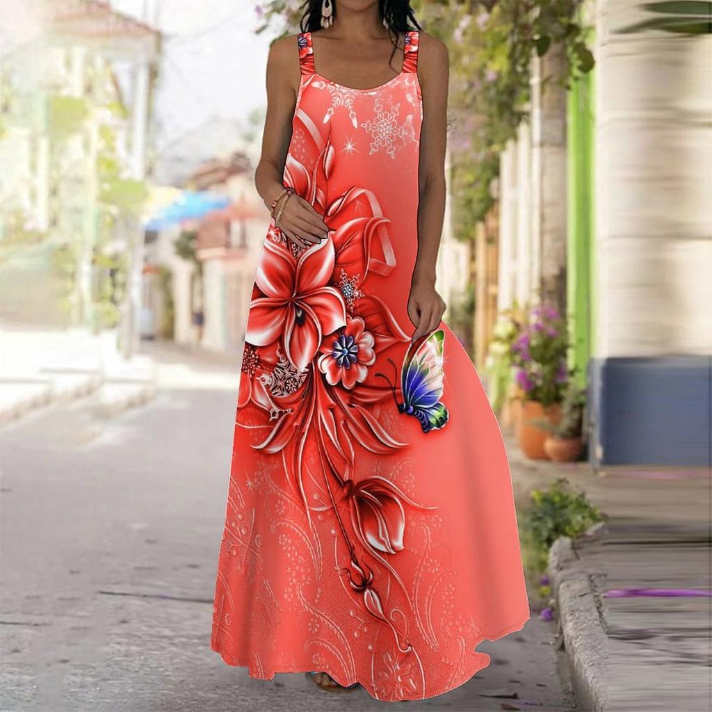 Women's Slip Dress Maxi Long Dress Butterfly Flowers Print Stitching Print Dress Spring & Summer Leisure Vacation