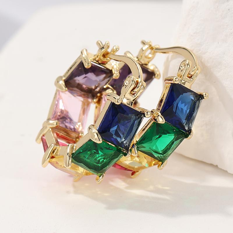 Multicolor Square Synthetic Zirconia Inlaid Golden Plated Hoop Earrings for Women Elegant Banquet Wedding Jewelry Crafts
