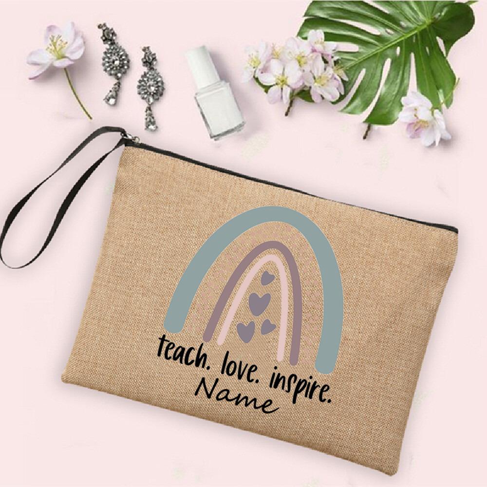 Rainbow Teacher Pencil Case Personalized Custom Name Linen Stationery Supplies Storage Bags Travel Neceser Makeup Bag Best Gifts
