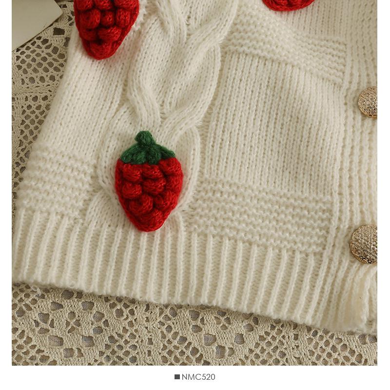 Korean Style Strawberry Embroidered 3D Crochet Cardigan - Women's Chunky Knit Long Sleeve Autumn 2026