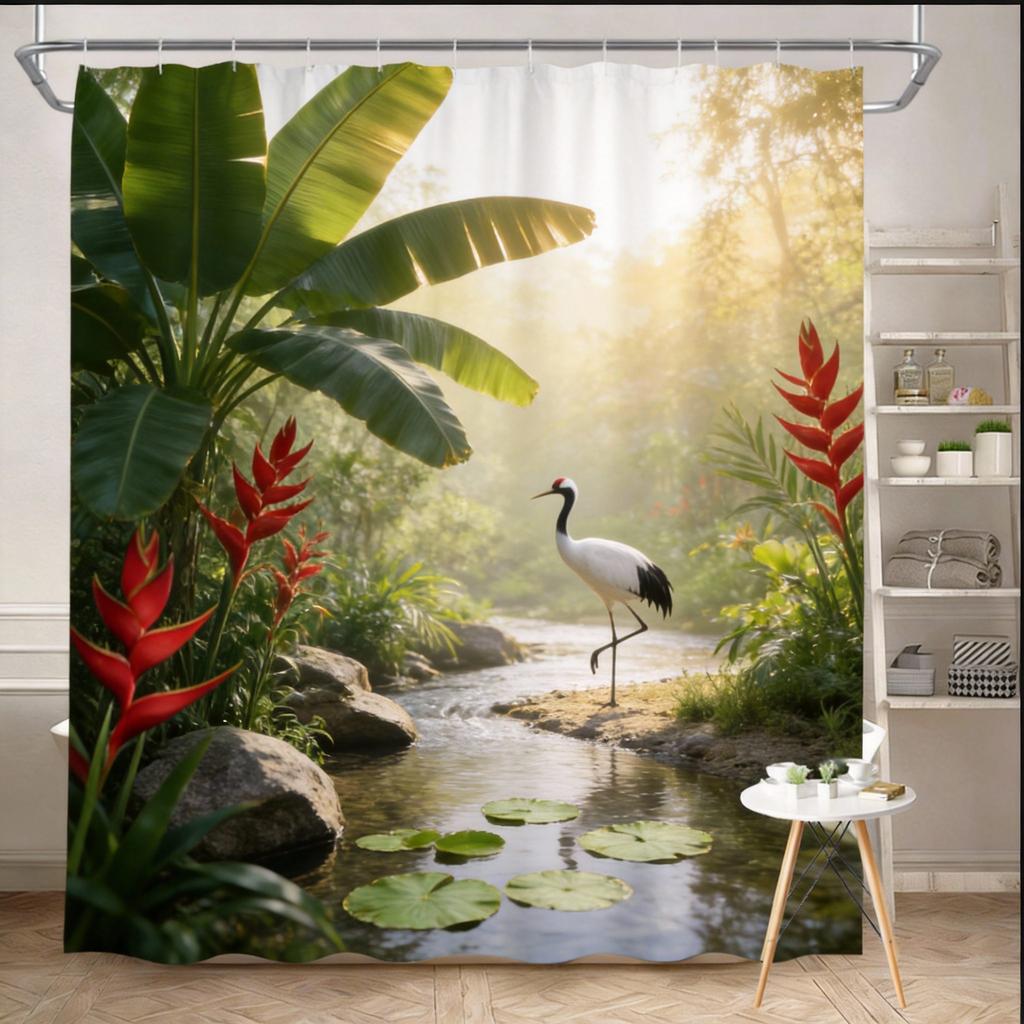 Jungle Shower Curtain 180x180cm – Majestic Tiger & Orchids, Tropical Rainforest Scene, 12 Hooks Bath Decorative Shower Curtain