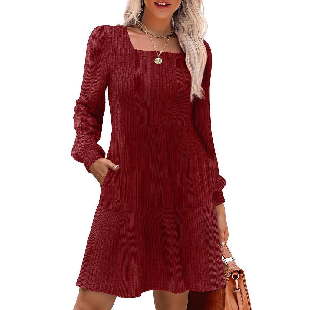 Womens  Square Neck Long Sleeve Dress Casual  Knit Dress With Pockets