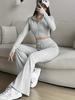 Fashion Solid Stitch Two-Piece Set with Zipper Long Sleeve Crop Top and High Waist Wide Leg Pants Women Casual Outfit