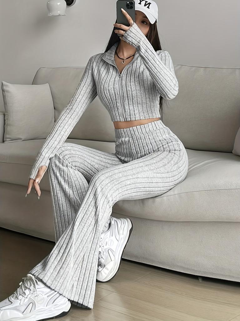 Fashion Solid Stitch Two-Piece Set with Zipper Long Sleeve Crop Top and High Waist Wide Leg Pants Women Casual Outfit