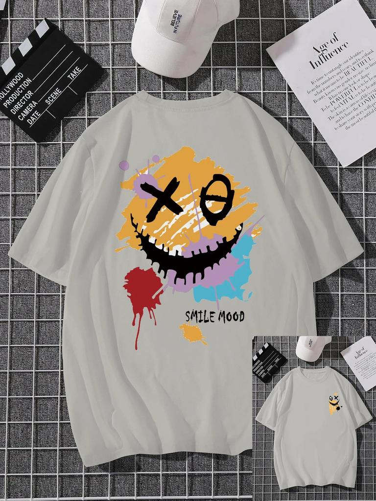 'Smile Mood' Print, Men's Casual Crew Neck Short-Sleeve  Fashion Summer T-Shirts Tops, Men's Outfits Tee,Regular Oversize Tees