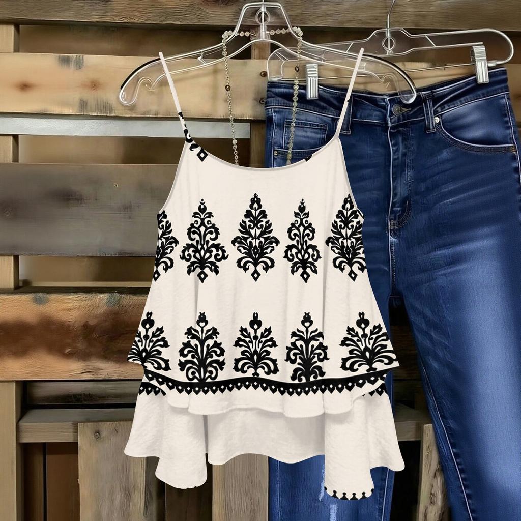 Women Sleeveless Double Layer Camisole Top Geometric Print Spaghetti Strap Summer Blouse Casual Lightweight Tank