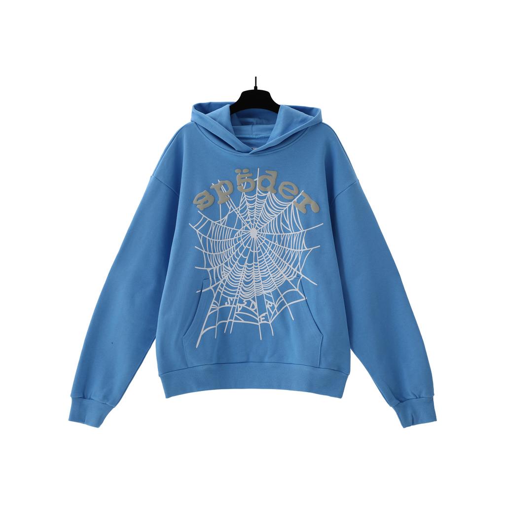 A high-quality SP5DER spider web foam printed hoodie, European and American large-size loose sweater.