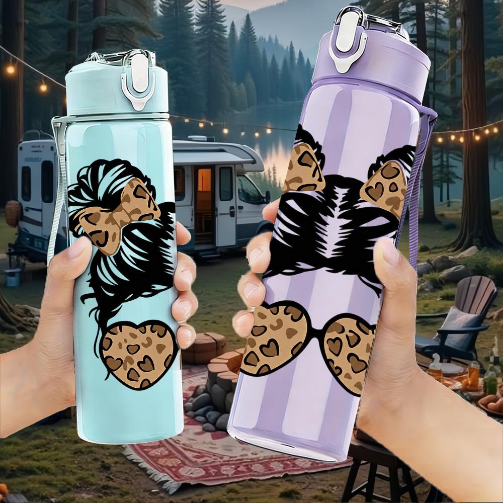 1PC Leopard Space Bun Sunglasses Graphic,750ml Color Plastic Sports Water Bottle,Leakproof Flip Straw Lid,Suitable for Sports Office Home Use
