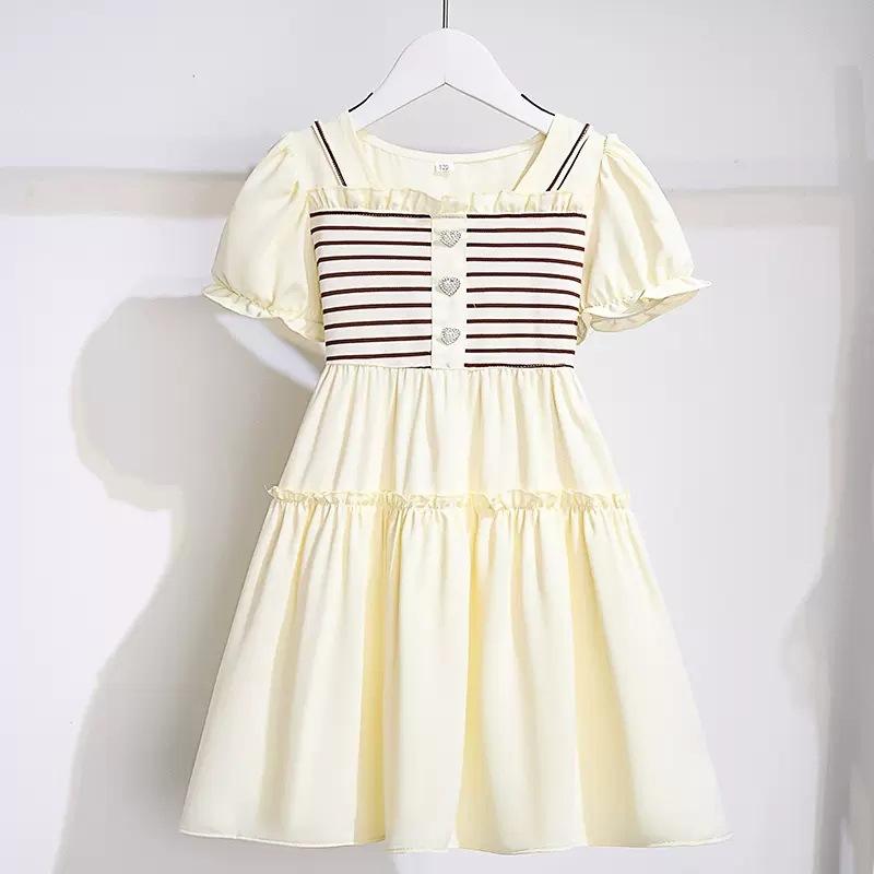 Girls Summer Striped Dress Preppy Fashionable Princess Dress For Big Kids Elegant Casual Sundress 120cm абрикосовый