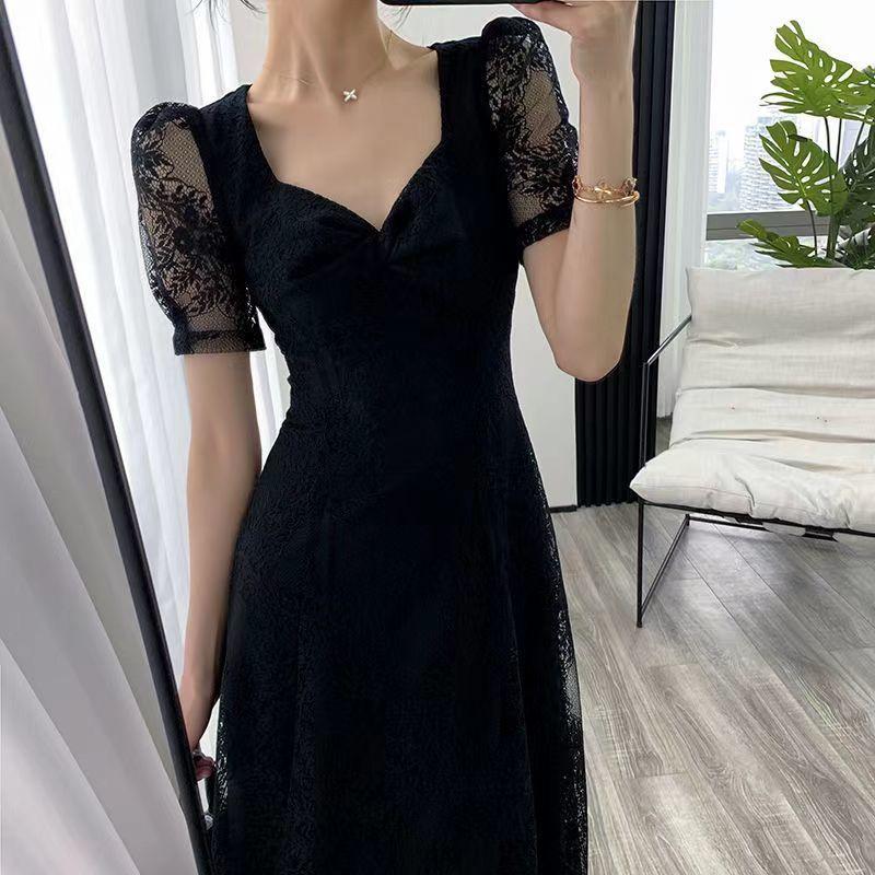Cheap Summer Lace Black Dress French Retro Hepburn Style Waist Slimming ...