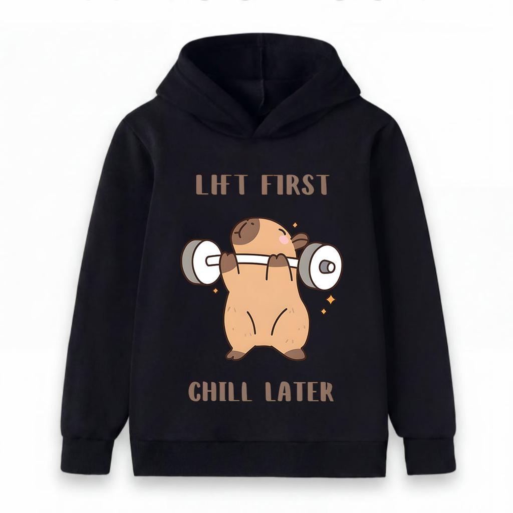 Kids Boys Girls Hooded Pullover Sweatshirt, Cute Capybara Lift First Chill Later Graphic Casual Soft Long Sleeve Hoodie For Daily Workout Playwear