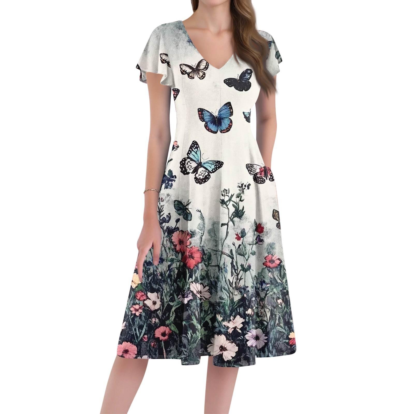 

Women s Loose Casual And Fashionable V-Neck Short Sleeved Print Mid Length Dress S белый