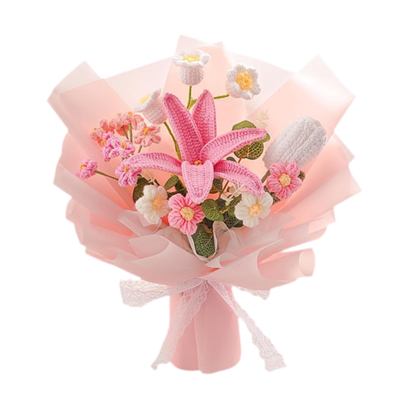 

Crochet Flower Bouquet Lily Artificial Flower Fake Flowers with Greenery Leaves розовый