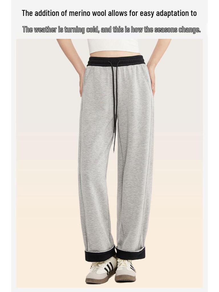 Merinowolle Air Layer Damen High Waist Weitbeinige Sweatpants - Herbst Sportlich Lässig Zwei-Trage-Design Gerades Bein