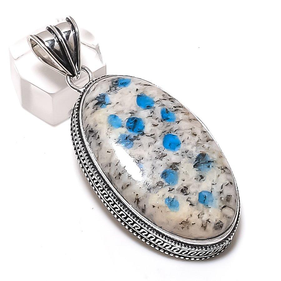 K2 Blue Azurite Gemstone Handmade 925 Sterling Silver Jewelry Pendant 2.56" a1i13