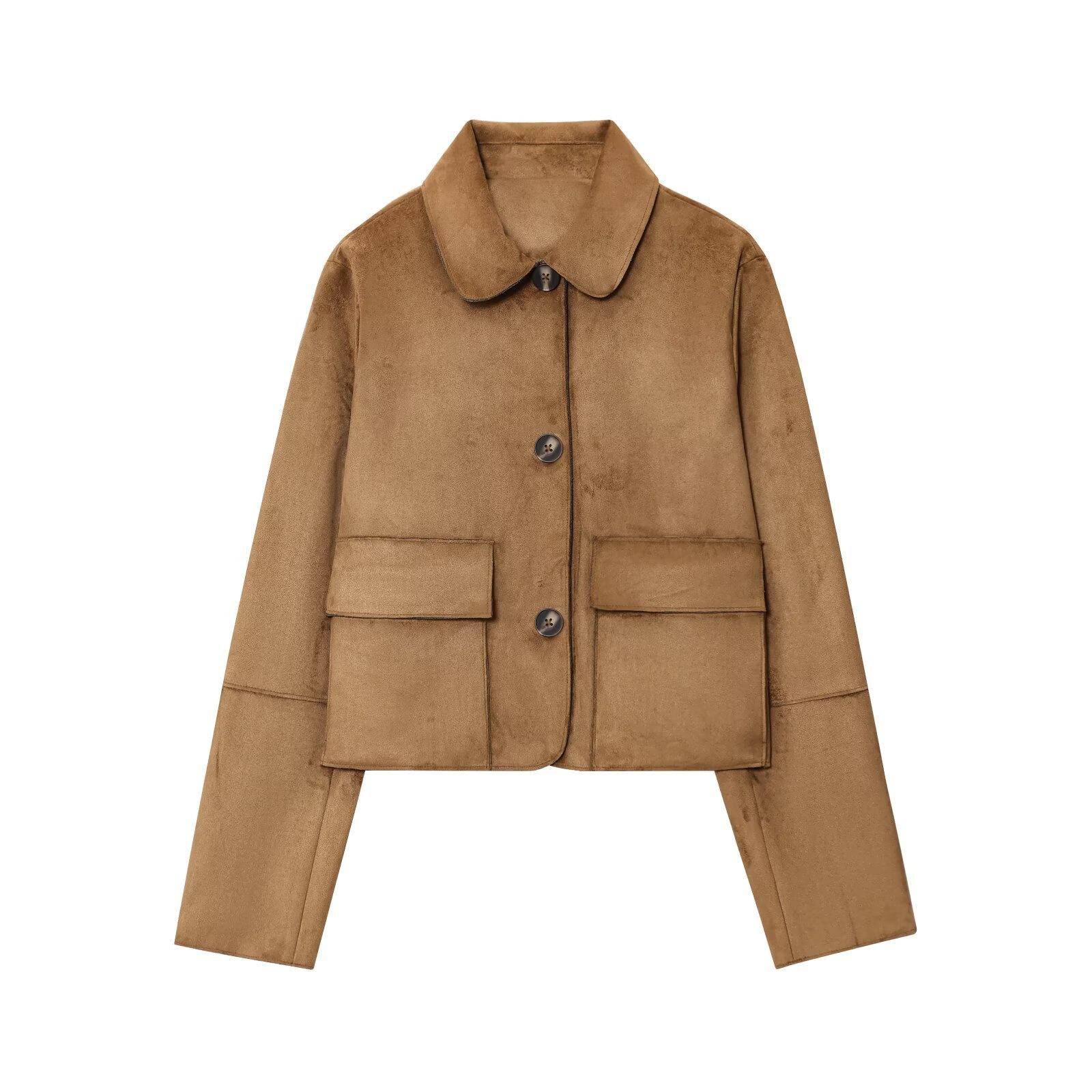 

Fashionable Women s Lapel Long-sleeved Suede Textured Jacket Coat For Women L