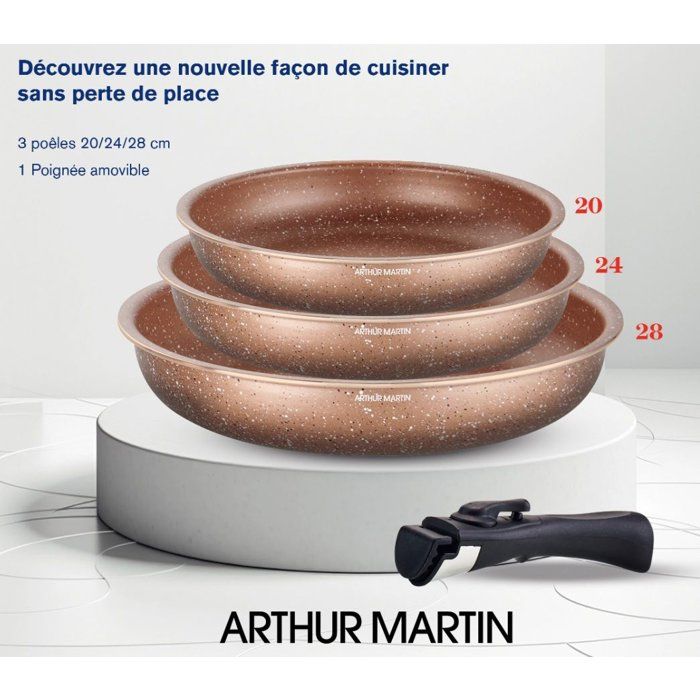 Set of 3 Frying Pans - All Hobs Including Induction - ARTHUR MARTIN - AM9811 - Ø 20, 24 and 28 Cm + 1 Removable Handle - Terracotta