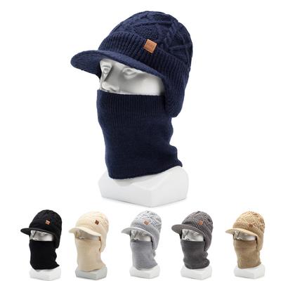 Two-Piece Hat Set Men Hat Autumn Winter Knitted Hat Velvet Ear Protection Neck Protection Hat Warm Wool Hat with Scarf
