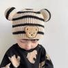 Autumn and Winter Children's Warm Hat, Cute Striped Bear Hat, Korean Style Baby Matching Double-ball Knitted Hat for Boys and Girls