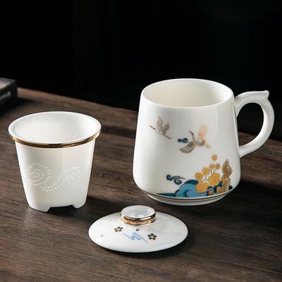 Gold-Inlaid Jade Porcelain Mug - Flower Cloud Crane