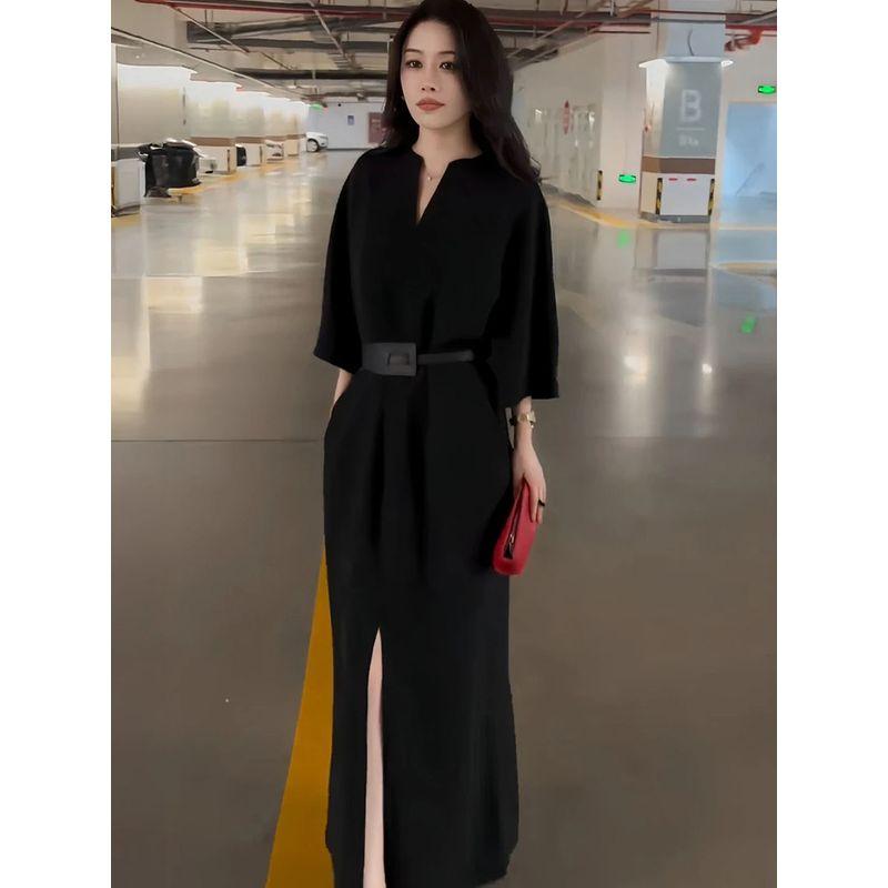 

2026 Early Spring New Fashion Youthful Dress for Women, Stunning and Stylish, Slimming, Unique Waist-Cinching Slit Long Dress Black M [Recommendation 40-50kg]