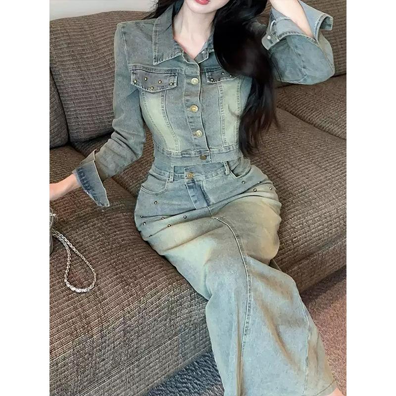 Fashion Denim Suit Women's Spring New Short Denim Jacket Medium and Long Hip-wrapped Slim Skirt Two-piece Set