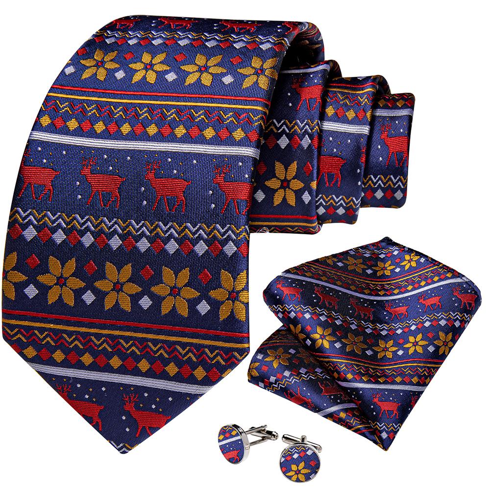 Dibangu Christmas Men's Tie Set Red Green Santa Claus Animal Tree Silk Juaquard Hanky Cufflinks Set Gift for Men