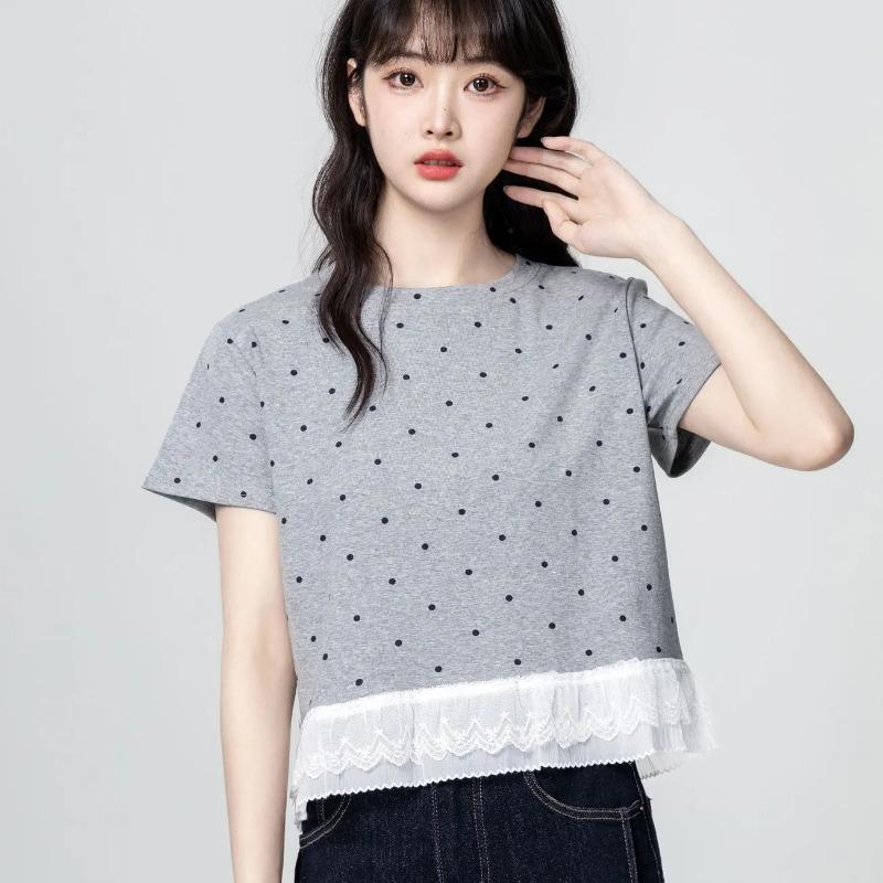Women Polka Dot Lace Patchwork Short Sleeve T Shirt Casual Loose Top S