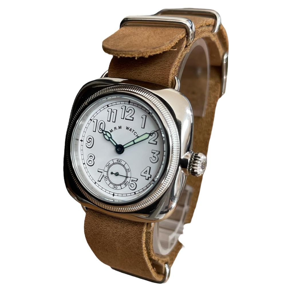 Military watch Cushion watch White dial Brown genuine leather crazy horse strap [M.R.M.W.]