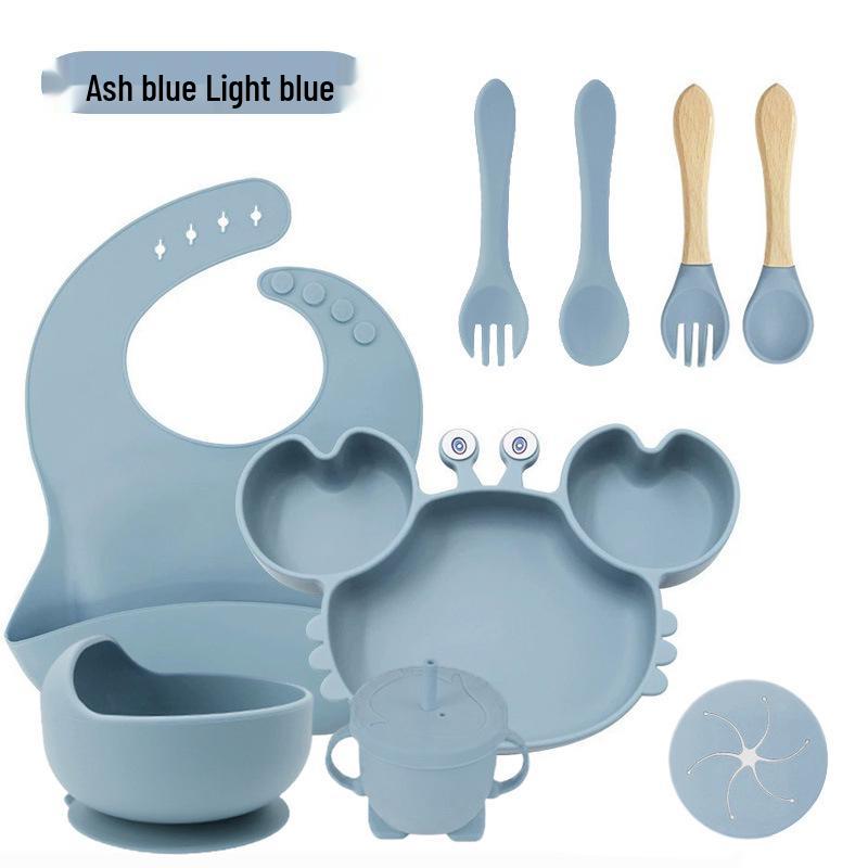 Crab 9-Piece Tableware Set: Silicone Bib, Baby Food Bowl, Fork, Spoon, Compartmentalized Meal Plate - Food Grade