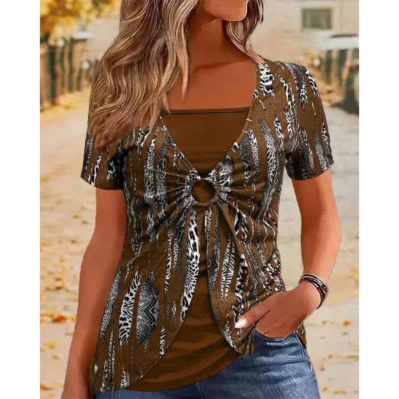 

Женская блузка с коротким рукавом в этническом стиле с принтом, имитирующая двойку 2XL темно-коричневого