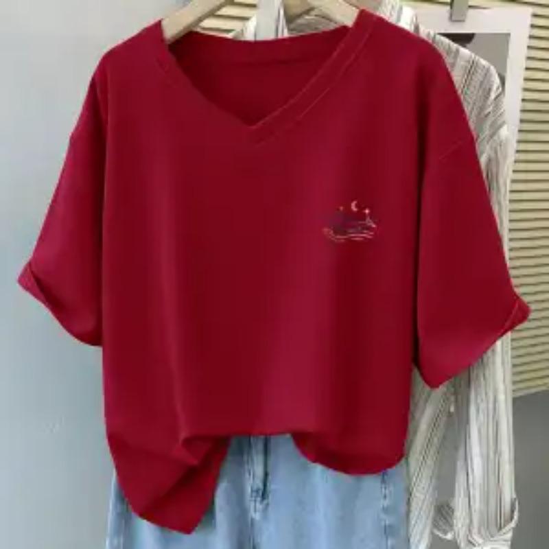 Summer Women's V Neck Whale Embroidered Loose Short Sleeve T Shirt