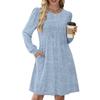 Women's Long Sleeve Pleated Round Neck Solid Color Casual Dress With Pockets