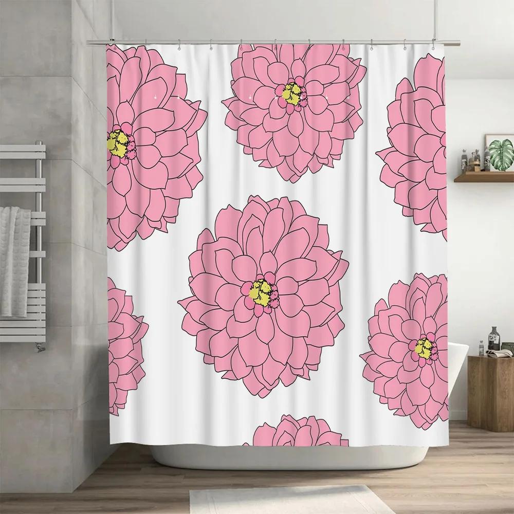 Pink Flower Shower Curtain Modern Bathroom Decor Ideas Polyester Fabric Waterproof Printing Design Bathing Room Decoration White