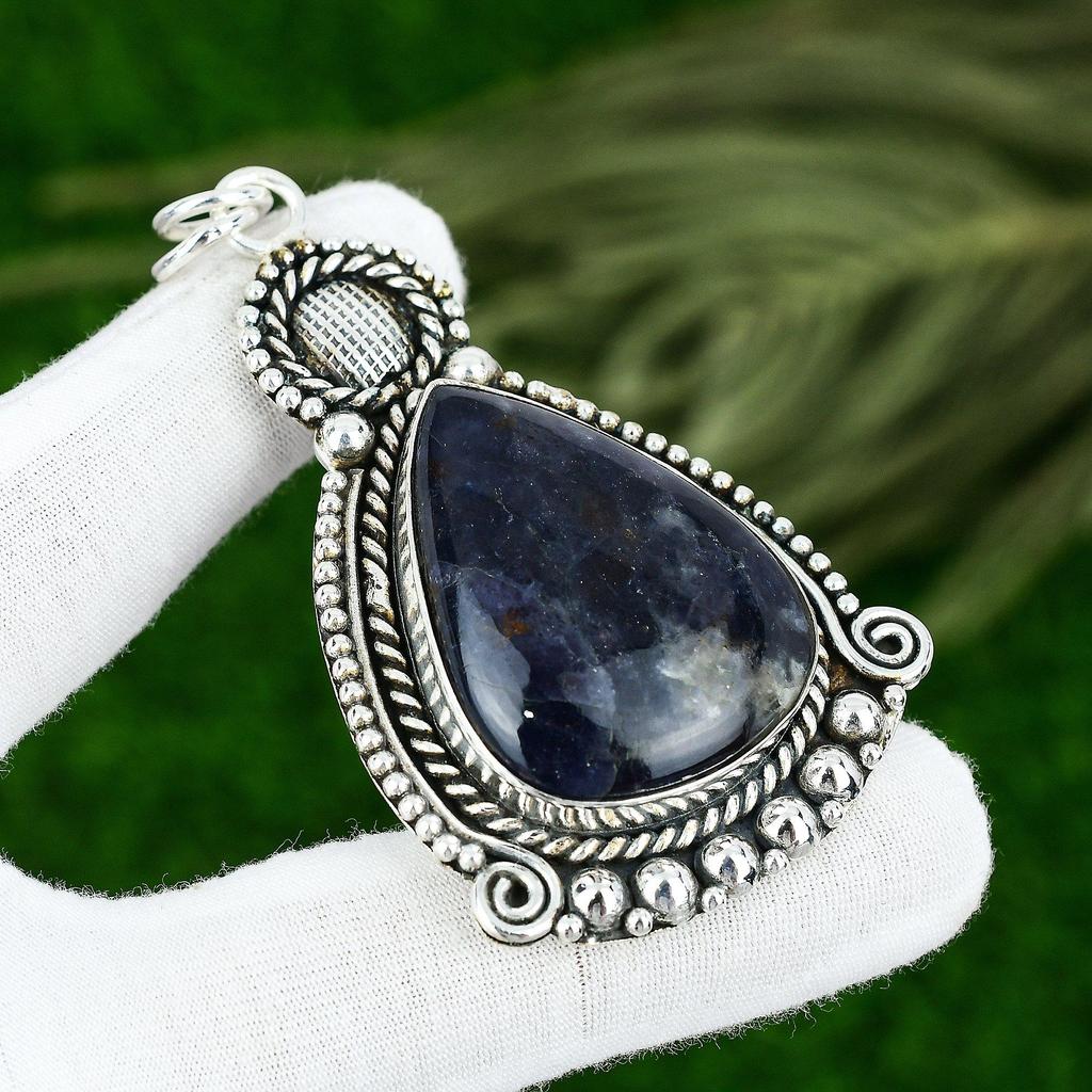 925 Silver Pear Natural Sodalite Wife Handmade Artisan Bezel Ethnic Boho Pendant