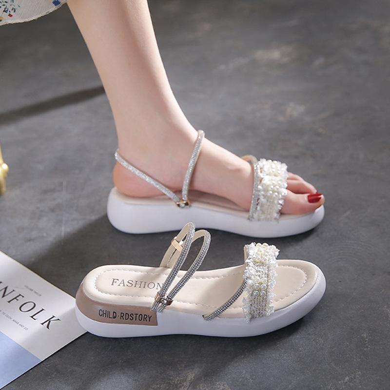 Pregnant Women Wear Sandals and Women's Flat-bottomed Rhinestones In Summer, One Word with Cool Slippers and One Pedal, and Wear Soft-soled Korean Ver